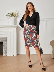 泡泡袖前紐扣襯衫 - 黑色 - 查看 3