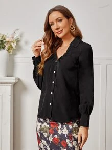 泡泡袖前紐扣襯衫 - 黑色 - 查看 4