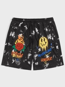 Manfinity RebelGame Loose-Fit Men's Tie Dye Cartoon Face Printed Elastic Waist Shorts - Black - View 1