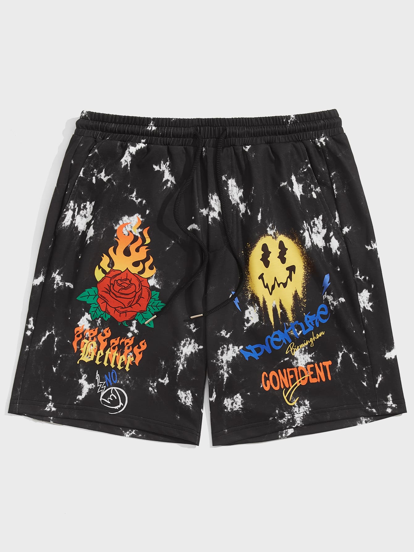 Manfinity RebelGame Loose-Fit Men's Tie Dye Cartoon Face Printed Elastic Waist Shorts - Black - View 1