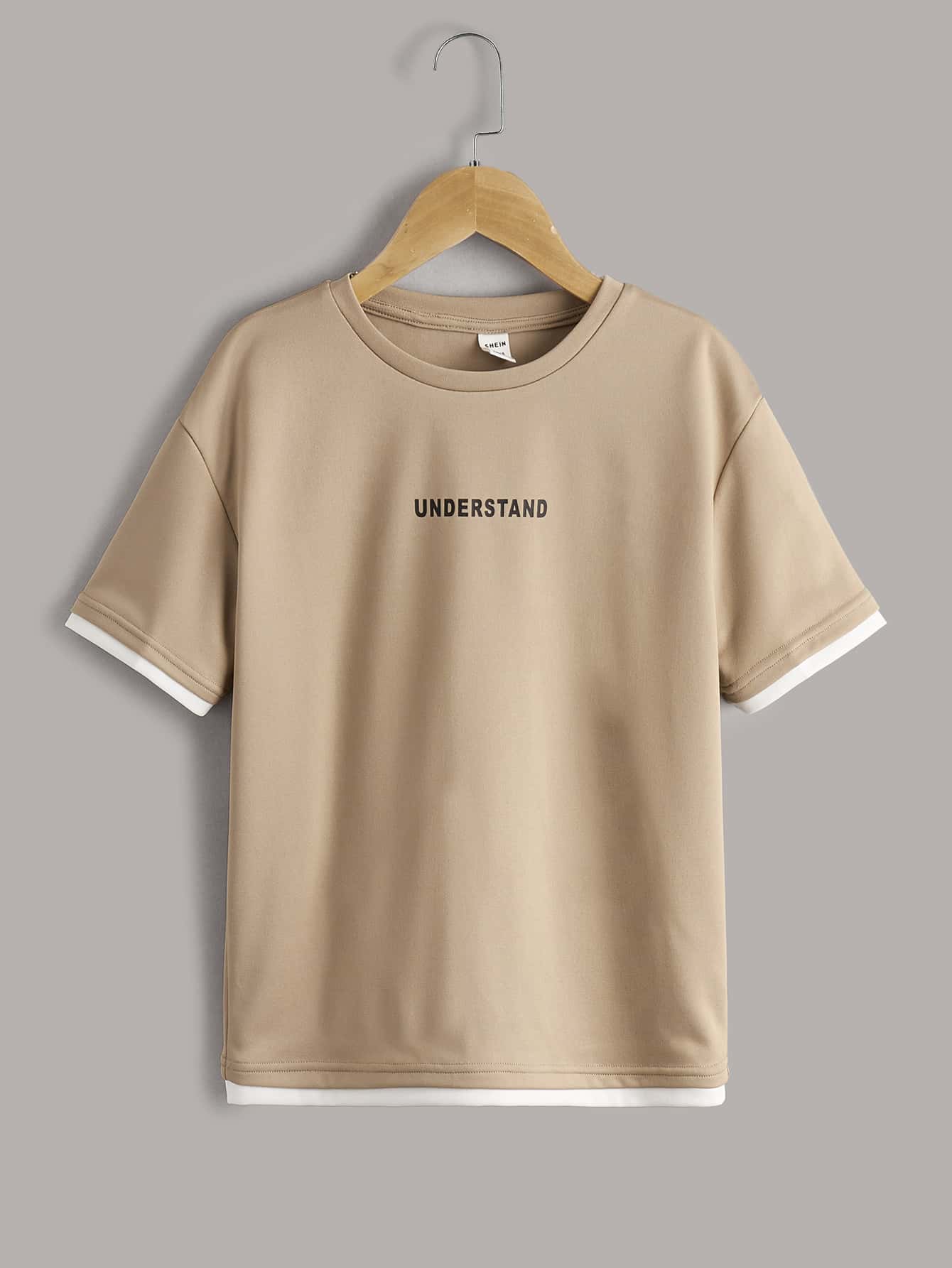 SHEIN 青少年男生字母圖形對比邊角上衣 - 卡其色 - 查看 1