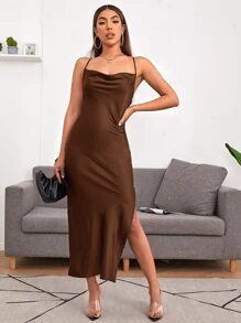 SHEIN BAE 十字交叉高開衩連衣裙 - 巧克力棕 - 查看 2