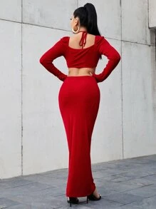 SHEIN Đầm Cắt ra Buộc lại màu trơn Gợi cảm - Đỏ - Xem 2