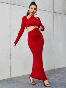 SHEIN Đầm Cắt ra Buộc lại màu trơn Gợi cảm - Đỏ - Xem 3