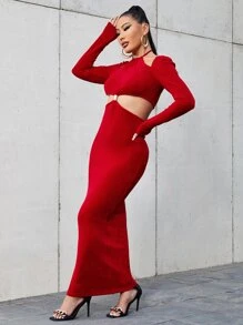 SHEIN Đầm Cắt ra Buộc lại màu trơn Gợi cảm - Đỏ - Xem 4