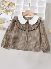 小女童格紋娃娃領荷葉邊燈籠袖襯衫
