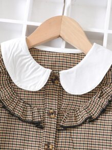 小女童格紋娃娃領荷葉邊燈籠袖襯衫