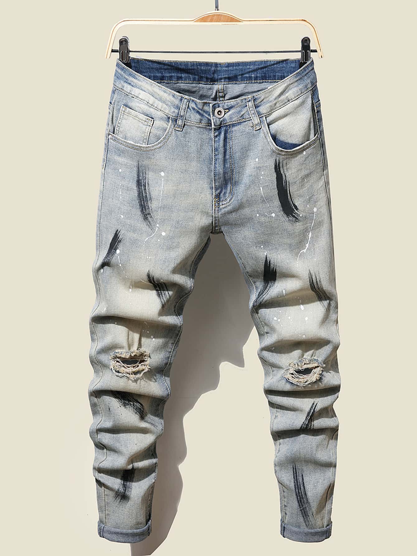 Manfinity uomo Jeans strappati dipingere Drip e con stampa pennellate - Lavaggio chiaro - Visualizzare 1