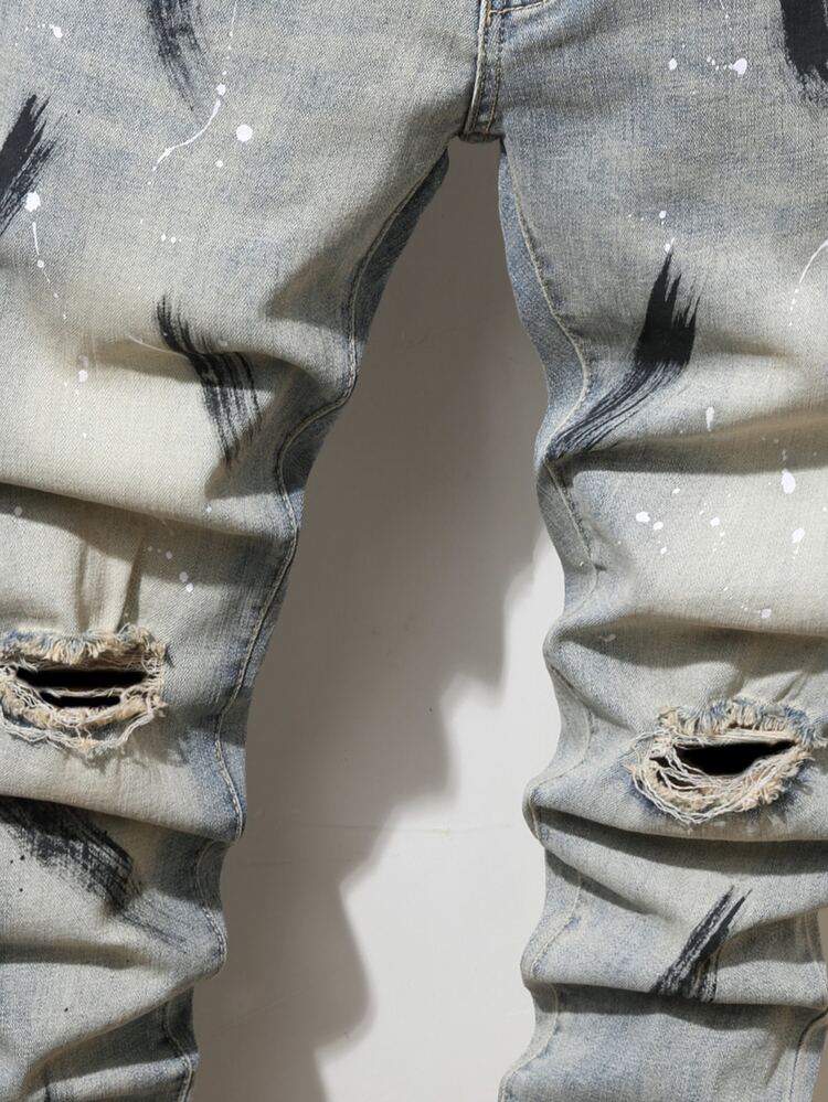Manfinity uomo Jeans strappati dipingere Drip e con stampa pennellate - Lavaggio chiaro - Visualizzare 3