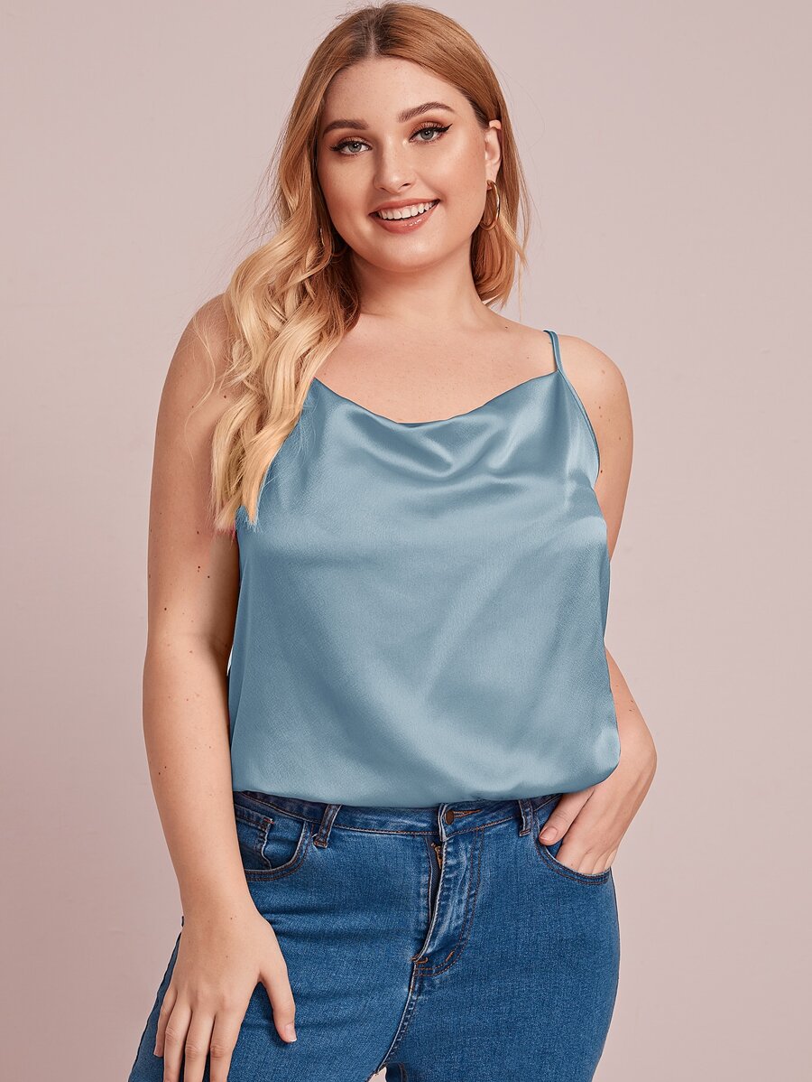 SHEIN BAE Plus Cowl Neck Satin Cami Top - Dusty Blue - View 1
