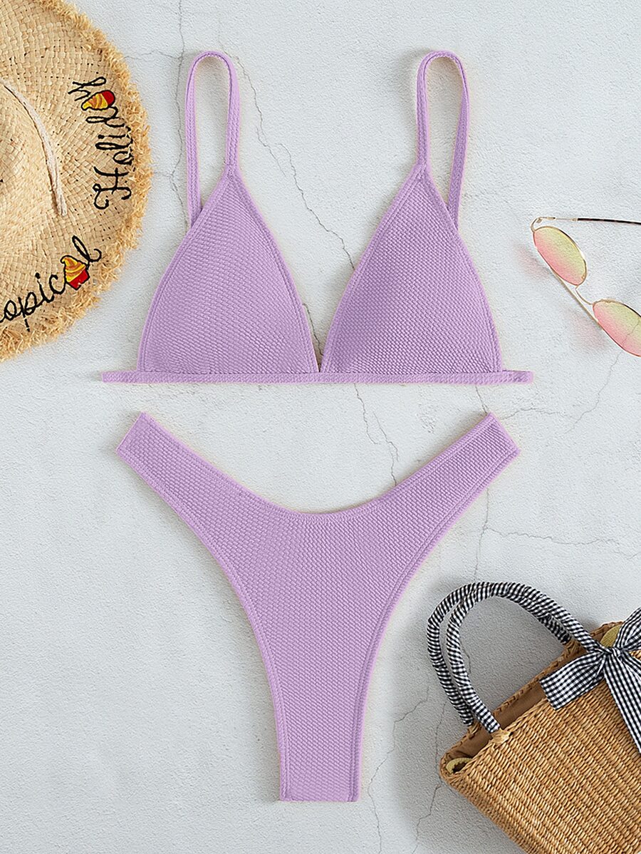 簡約高腰比基尼泳裝，適合夏季海灘 - 紫丁香色 - 查看 1