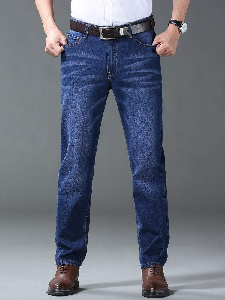 Manfinity Hombres Jeans de pierna recta sin cinturón - Azul lavado oscuro - Añade 4