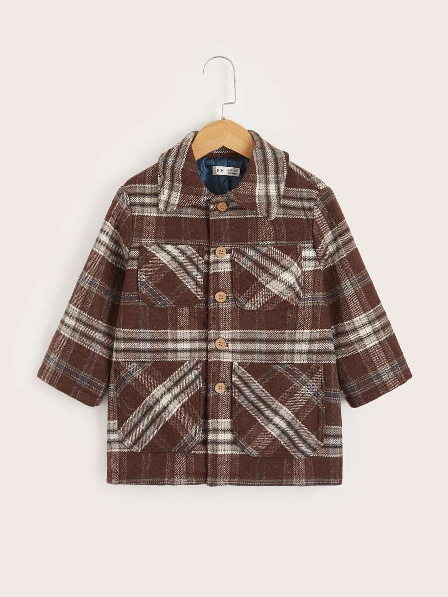 SHEIN Toddler Boys Tartan Print Patch Pocket Overcoat - Multicolor - View 1