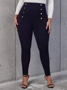 SHEIN Allurite Plus High Waist Button Detail Skinny Trousers - Navy Blue - View 1