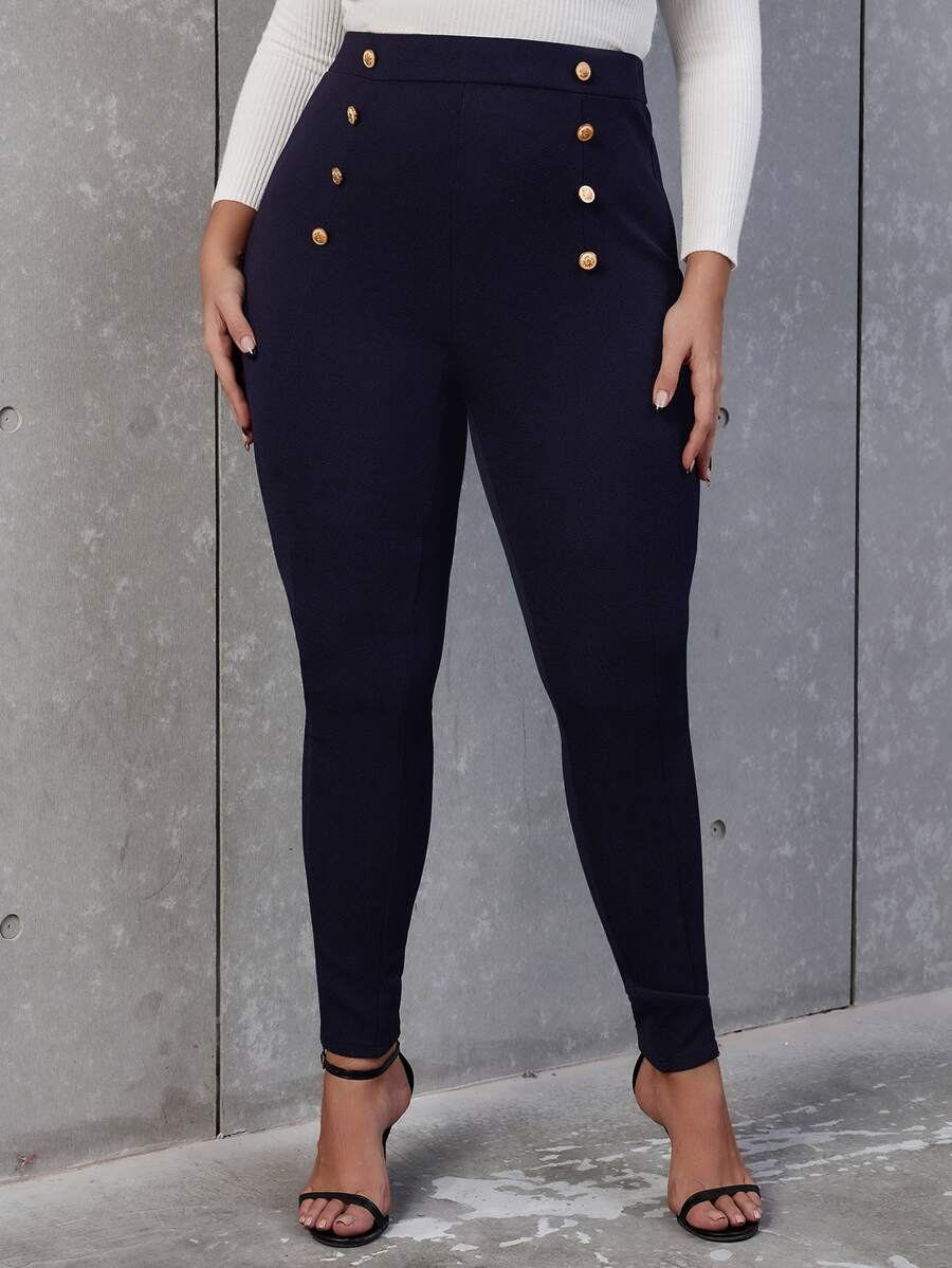 SHEIN Allurite Plus High Waist Button Detail Skinny Trousers - Navy Blue - View 1
