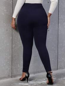 SHEIN Allurite Plus High Waist Button Detail Skinny Trousers - Navy Blue - View 2