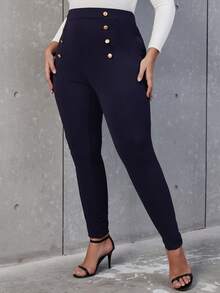 SHEIN Allurite Plus High Waist Button Detail Skinny Trousers - Navy Blue - View 4