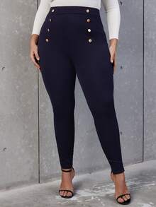 SHEIN Allurite Plus High Waist Button Detail Skinny Trousers - Navy Blue - View 5