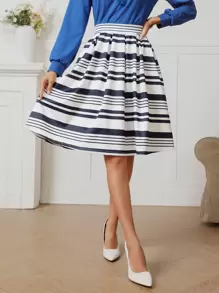 High Waist Striped Flare Skirt - Blue and White - View 1