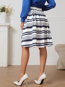 High Waist Striped Flare Skirt - Blue and White - View 2