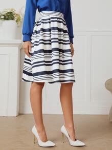 High Waist Striped Flare Skirt - Blue and White - View 5