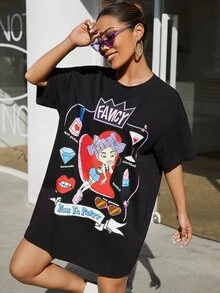 SHEIN Figure & Slogan Graphic Tee Dress - Black - View 2