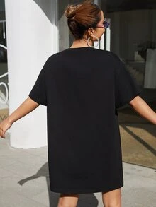 SHEIN Figure & Slogan Graphic Tee Dress - Black - View 3