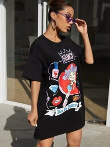 SHEIN Figure & Slogan Graphic Tee Dress - Black - View 4
