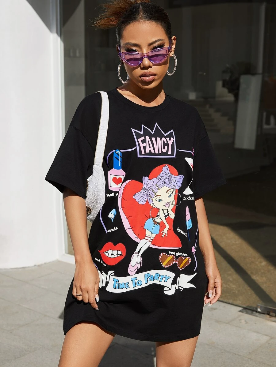 SHEIN Figure & Slogan Graphic Tee Dress - Black - View 1