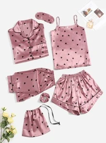 LuxeNights 7pcs Heart Print Contrast Piping Satin PJ Set / Pajama Set, Fall Clothes Cozy And Elegant Details, Winter - Dusty Pink - View 1