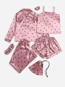 LuxeNights 7pcs Heart Print Contrast Piping Satin PJ Set / Pajama Set, Fall Clothes Cozy And Elegant Details, Winter - Dusty Pink - View 2