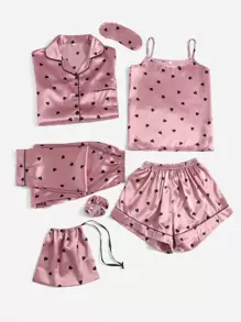 LuxeNights 7pcs Heart Print Contrast Piping Satin PJ Set / Pajama Set, Fall Clothes Cozy And Elegant Details, Winter - Dusty Pink - View 4