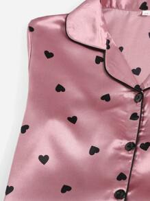 LuxeNights 7pcs Heart Print Contrast Piping Satin PJ Set / Pajama Set, Fall Clothes Cozy And Elegant Details, Winter - Dusty Pink - View 5