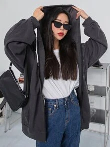 DAZY Chi tiết Patched thư Thả vai Dây kéo Dây rút Hoodie - Màu xám đen - Xem 1