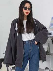 DAZY Chi tiết Patched thư Thả vai Dây kéo Dây rút Hoodie - Màu xám đen - Xem 3