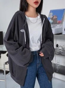 DAZY Chi tiết Patched thư Thả vai Dây kéo Dây rút Hoodie - Màu xám đen - Xem 4