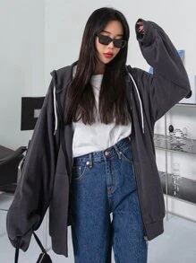 DAZY Chi tiết Patched thư Thả vai Dây kéo Dây rút Hoodie - Màu xám đen - Xem 5