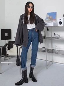 DAZY Chi tiết Patched thư Thả vai Dây kéo Dây rút Hoodie - Màu xám đen - Xem 6