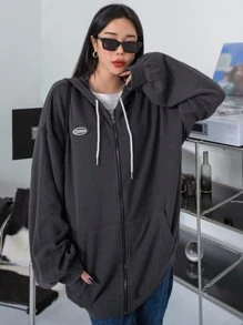 DAZY Chi tiết Patched thư Thả vai Dây kéo Dây rút Hoodie - Màu xám đen - Xem 7