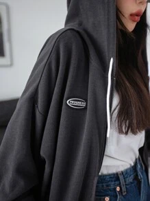 DAZY Chi tiết Patched thư Thả vai Dây kéo Dây rút Hoodie - Màu xám đen - Xem 8