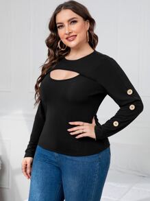 Áo thun Plus size Cắt ra màu trơn Giải trí - màu đen - Xem 1