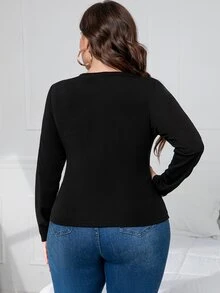 Áo thun Plus size Cắt ra màu trơn Giải trí - màu đen - Xem 2