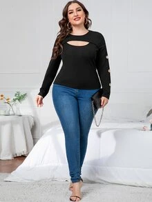 Áo thun Plus size Cắt ra màu trơn Giải trí - màu đen - Xem 3