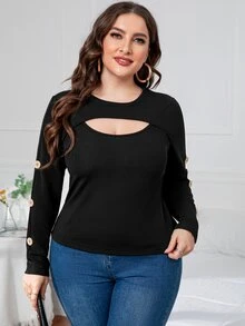 Áo thun Plus size Cắt ra màu trơn Giải trí - màu đen - Xem 5