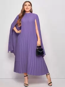 Modelyn Plus Pleated Solid Cape Dress - Violet Purple - View 1