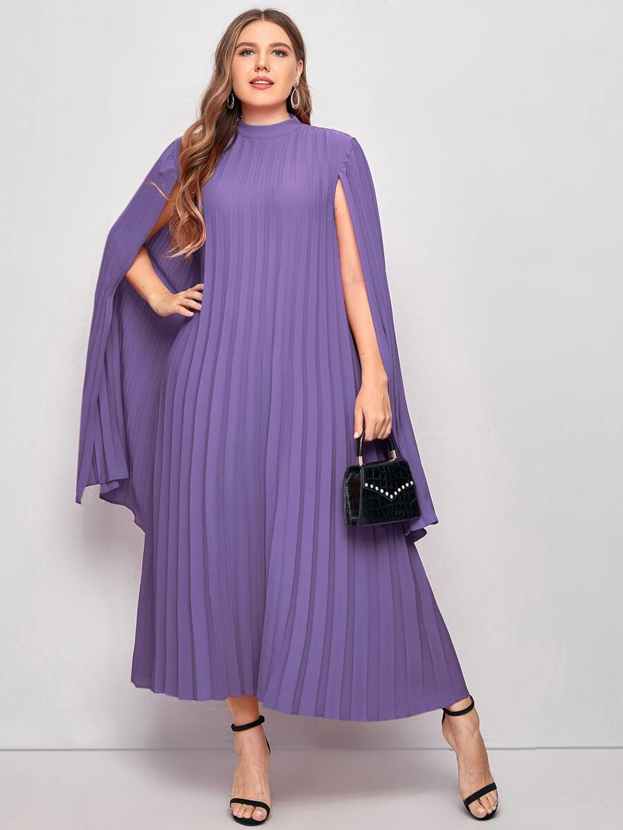 Modelyn Plus Pleated Solid Cape Dress - Violet Purple - View 1