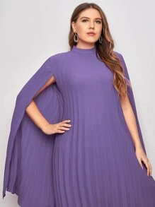Modelyn Plus Pleated Solid Cape Dress - Violet Purple - View 3
