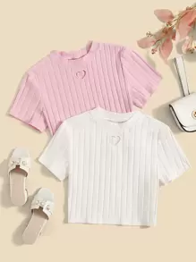 SHEIN Teen Girls 2 Packs Heart Embroidery Cut Out Top - Multicolor - View 1