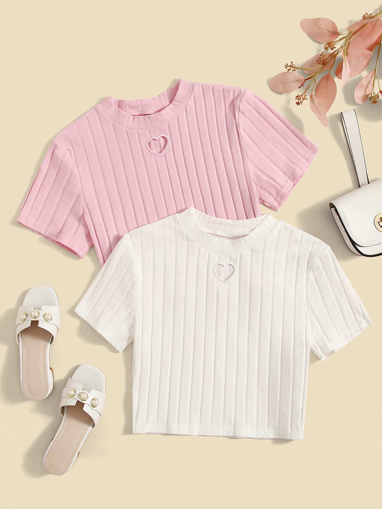 SHEIN Teen Girls 2 Packs Heart Embroidery Cut Out Top - Multicolor - View 1