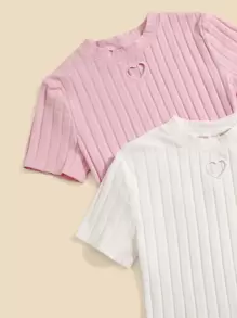 SHEIN Teen Girls 2 Packs Heart Embroidery Cut Out Top - Multicolor - View 4